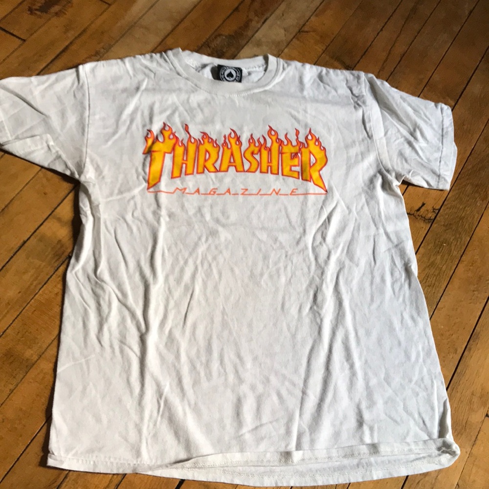 Thrasher White Tee with Fiery Logo